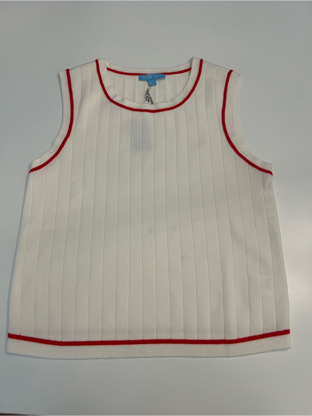 NWT Draper James Minimalist Ribbed Knit Sweater Tank Ivory Red Trim L